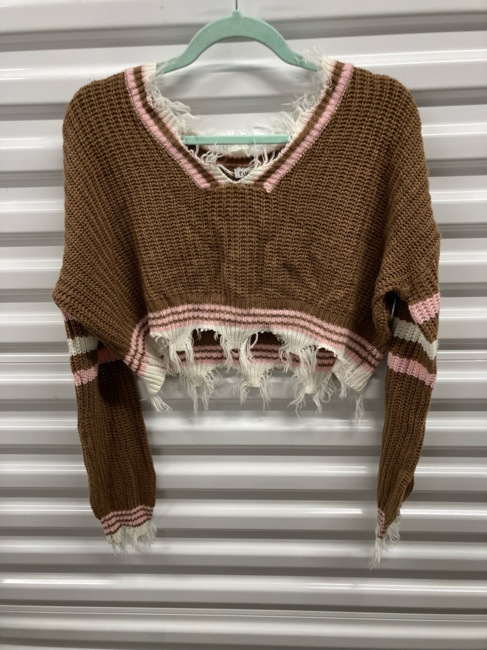 Rue21 Brown Cropped V-Neck Sweater with Pink & Cream Trim